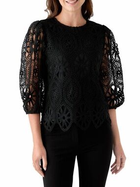 🦋Ultra Pink Black Crochet Lace Short Sleeve Blouse